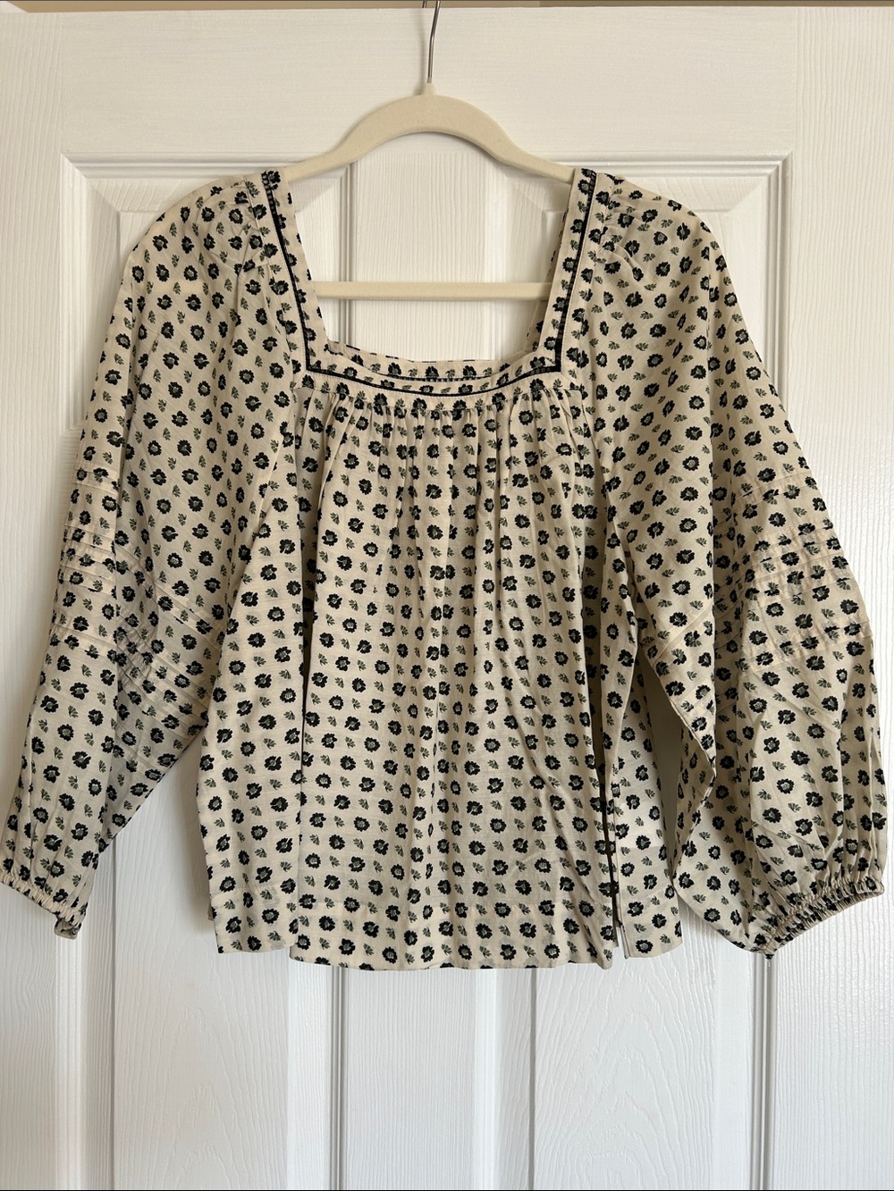 Madewell Square Neck Floral Peasant Top - Cream with Black Print